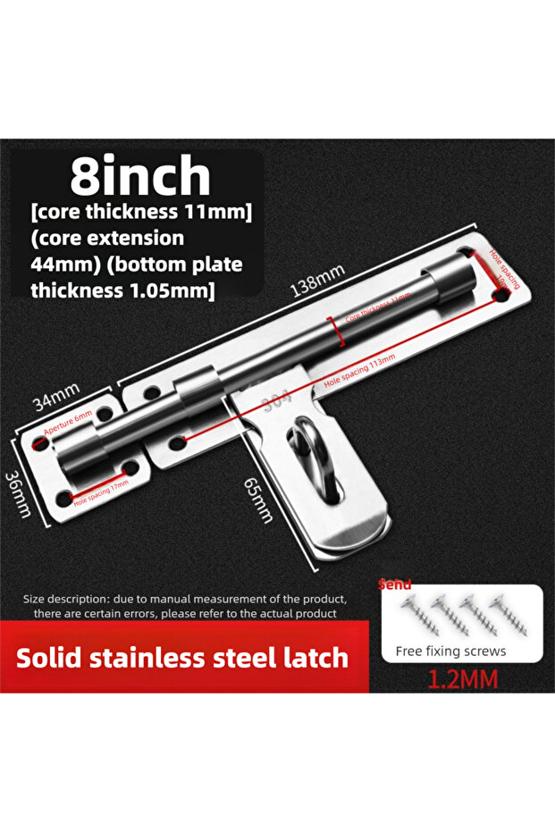 8 in - Left No‑Drill Heavy‑Duty Security Bolt Latch, Large‑Size Stainless Steel Surface‑Mounted Slid