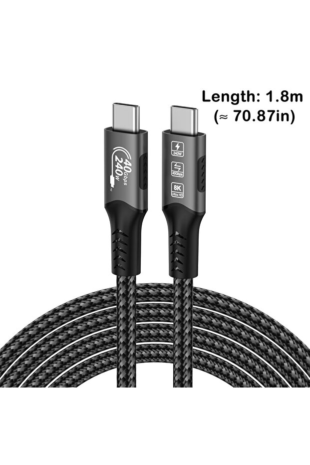 كابل USB4 أسود بطول 1.8 متر وقوة 240 وات، Thunderbolt 3/4، بسرعة 40 جيجابت في الثانية، كابل فيديو USB-C بدقة 8K، شاحن سريع PD240W مناسب