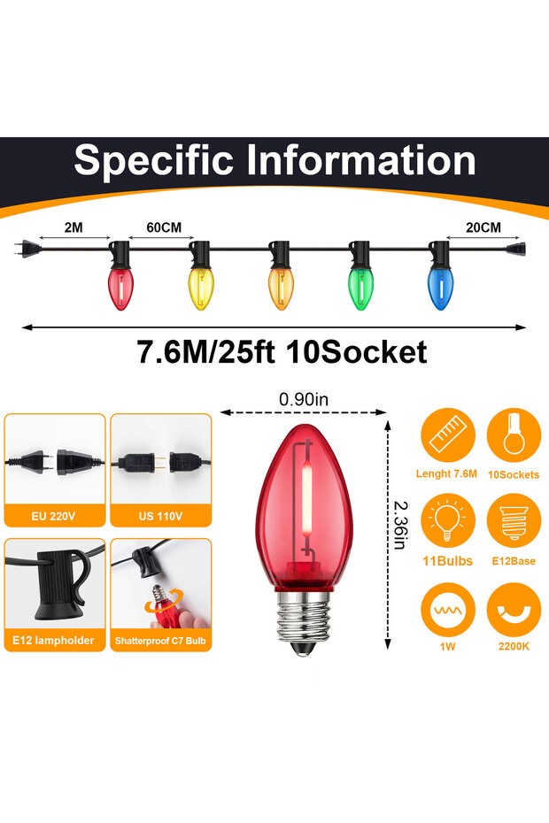 1W US Plug 25FT(7.6M) 10BULB Colorful C7 String Ligh 220V EU 110V US Street Garlandt E12 Plastics Sh