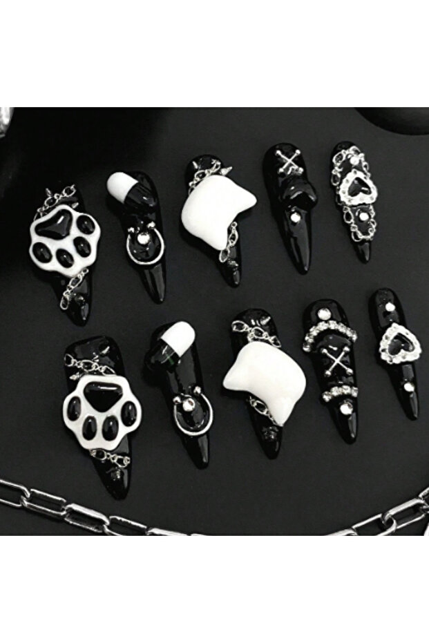 SJ0555-S 10 Pieces of Hand-Pressed Waterdrop-Shaped Nails, Beautiful Artificial Nails, Black and Whi
