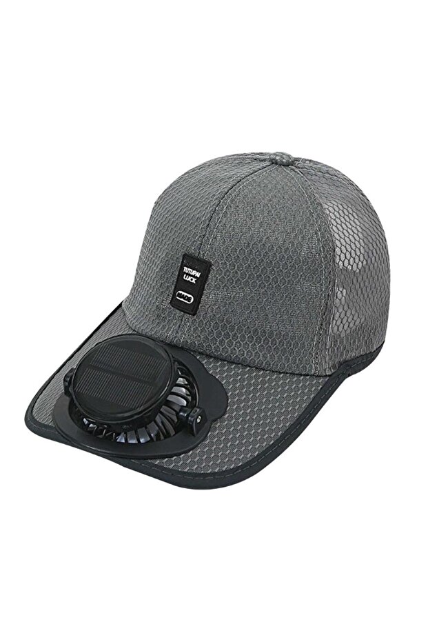 Gray Solar Powered Cap with Fan Summer Breathable Mesh Sun Protection Outdoor Baseball Hat For Men U