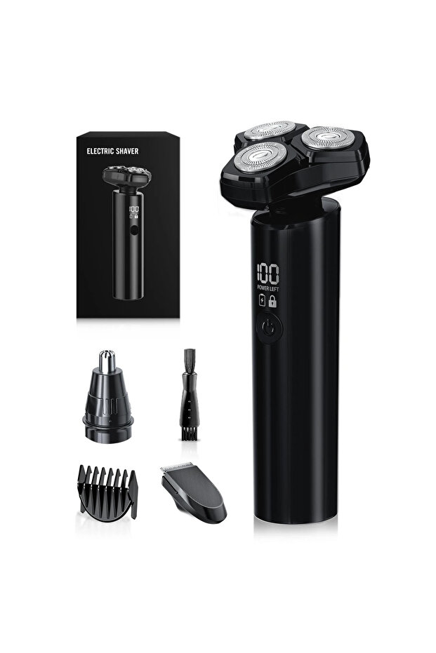 black Electric Razor for Men Electric Shaver 3 Blade Rotary Shaving Machine Kit with Replacement Bru