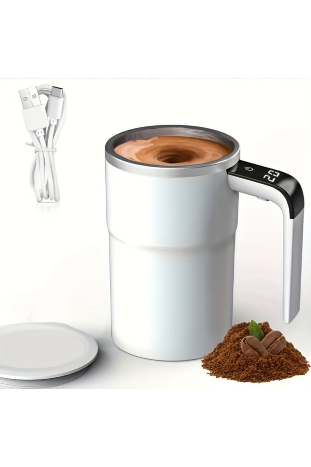 WHITE Temperature Display Automatic Stirring Cup, Rechargeable Magnetic Automatic Stirring Coffee Cu