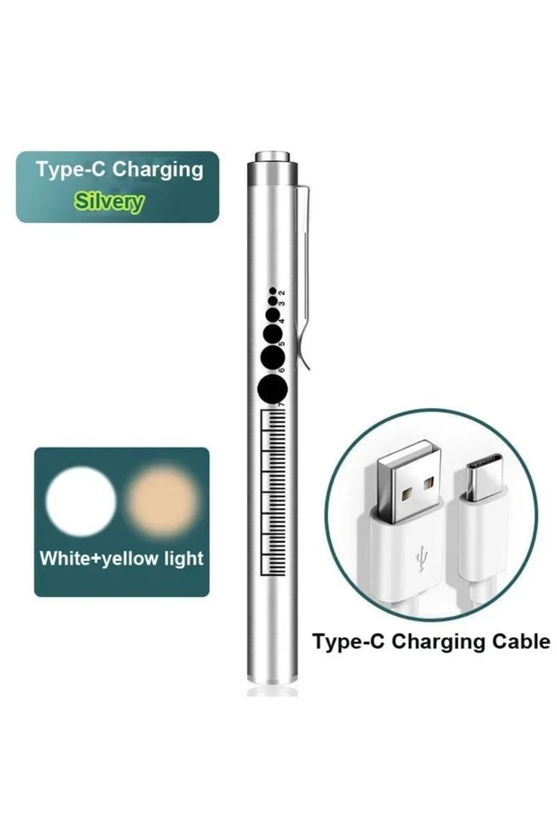 Silver USB Rechargeable Portable Medical Penlight Emergency Flashlight Rechargeable 2 in 1 Pocket LE