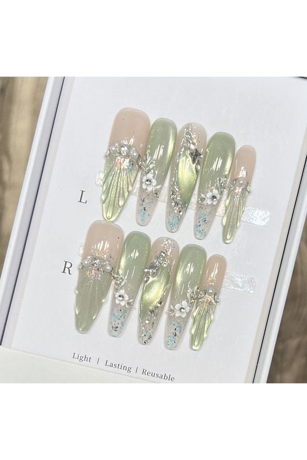 M 10pcs Long Almond Fake Nails Tips With Green Cat's Eye Handmade French Press On Nail Flower Pearl.