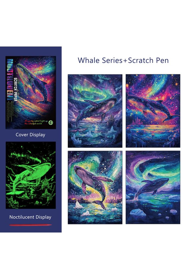 A4 Whale 4 Pcs/Set A4 DIY Scratch Painting Sea World Butterfly Peacock Whale Noctilucent Scratch Pai