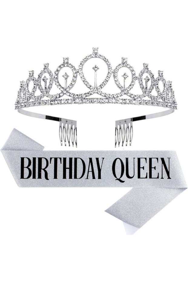 Silver black 2pcs/set Birthday Tiara Crown Sash Women Girls Party Decoration Favor Gifts Suitable fo