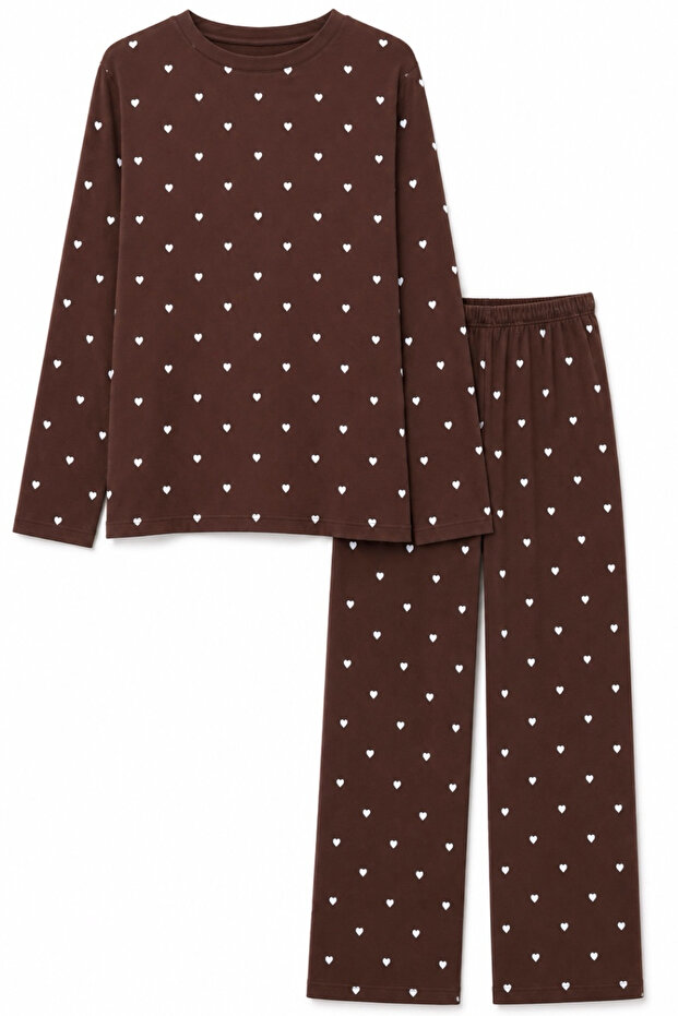 100% Cotton Brown Long Sleeve Tiny Heart Detailed Women's Pajama Set