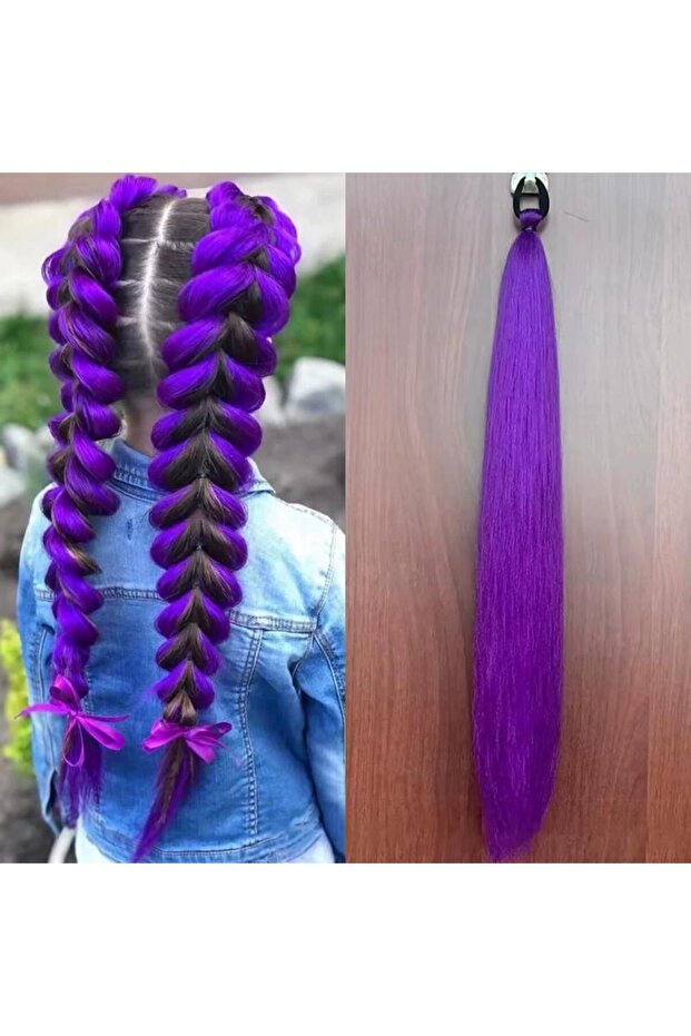 A2 1PC 26inch Long Purple Braided KPOP Rumi Cosplay Wig Heat Resistant Synthetic Ponytail Braid Acce