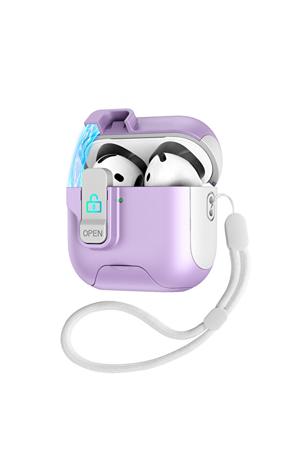 For Airpods 4 Purple Magnet Security Lock Cover for Airpods 4 ANC Case With Lanyard Full Body Protec