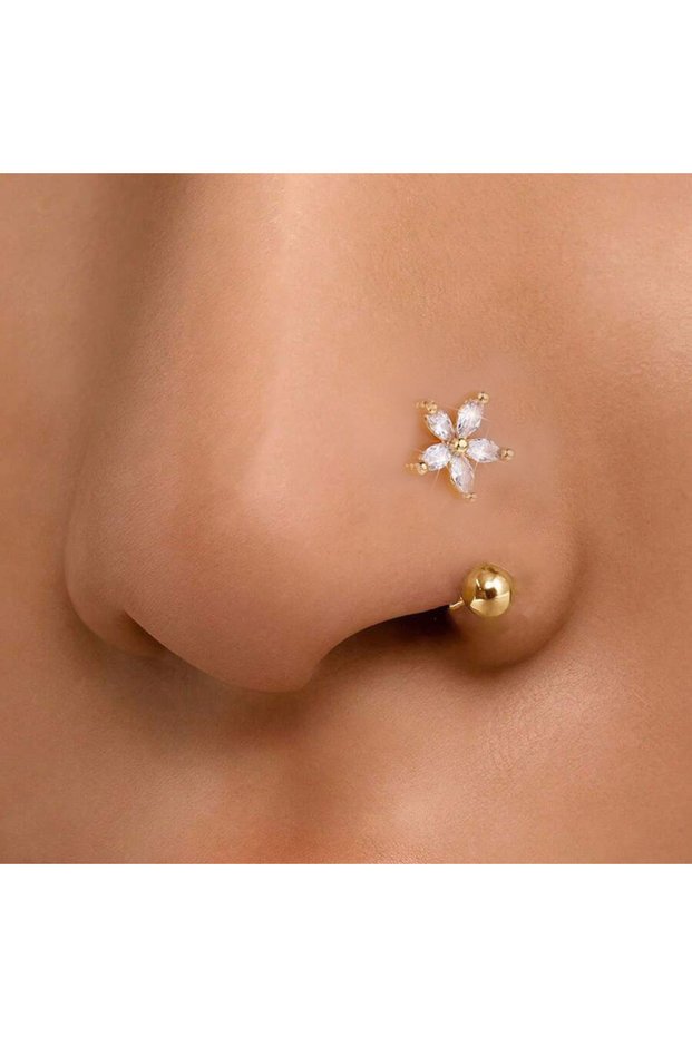 Face Nose Rings & Studs 1Pc-Gold 1 1Pc Simple Flower-Shaped Nose Ring,14K Gold Plated Stainless Stee