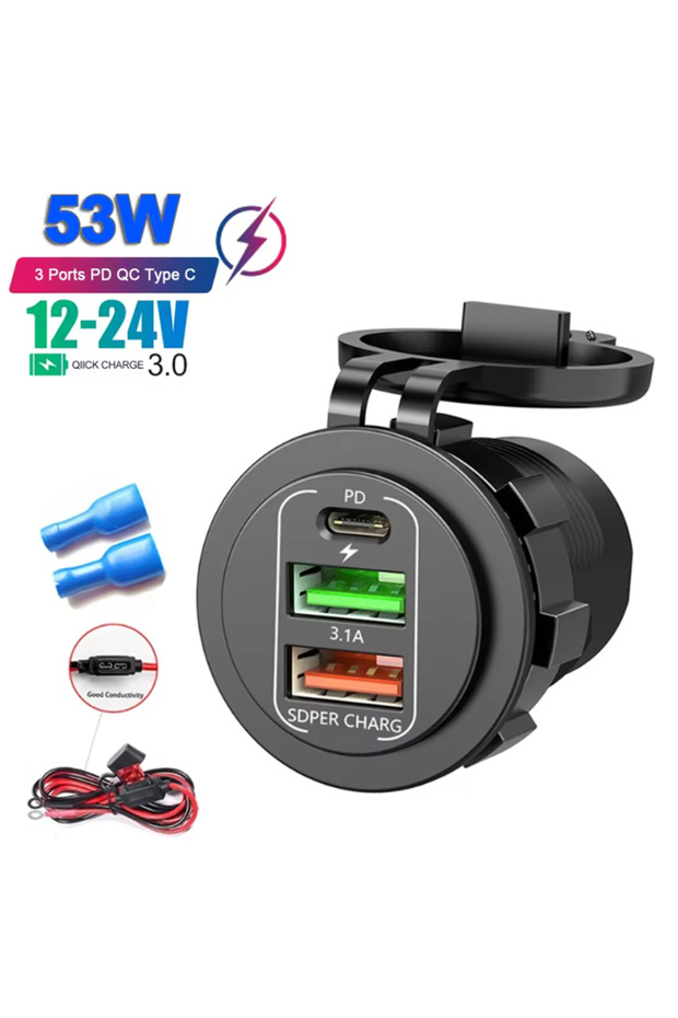 3 Ports 10A 18AWG New Car USB Charger PD3.0 & QC3.0 Fast Charging Socket with Voltmeter On/Off Switc