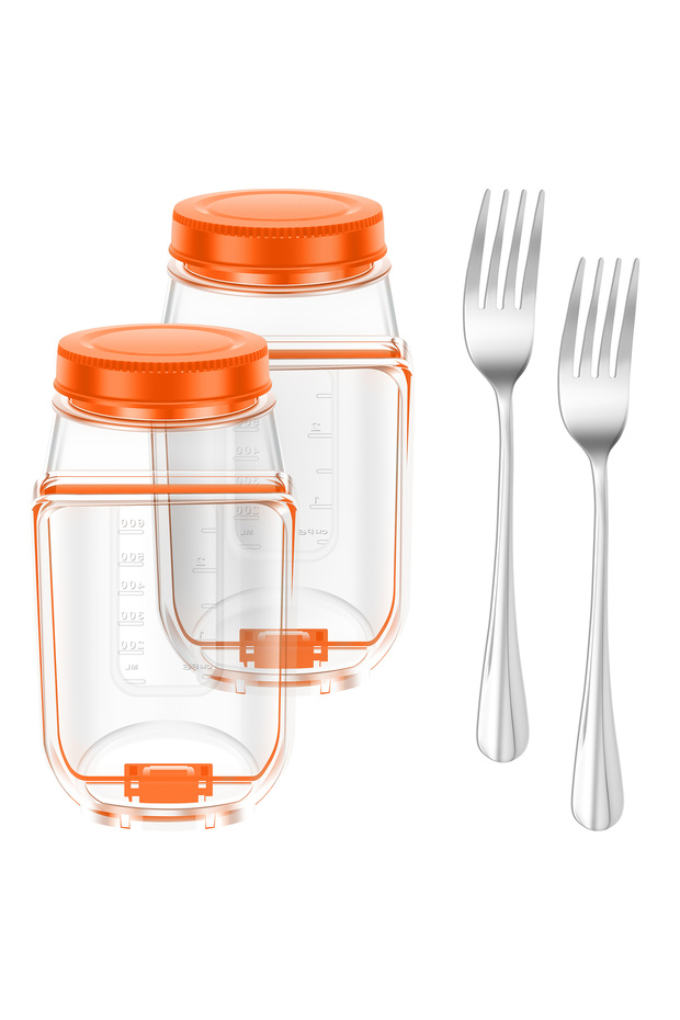 2 orange with fork Salad Pod Leakproof Plastic Salad Box With Side-opening Cover Layering Salad Pod