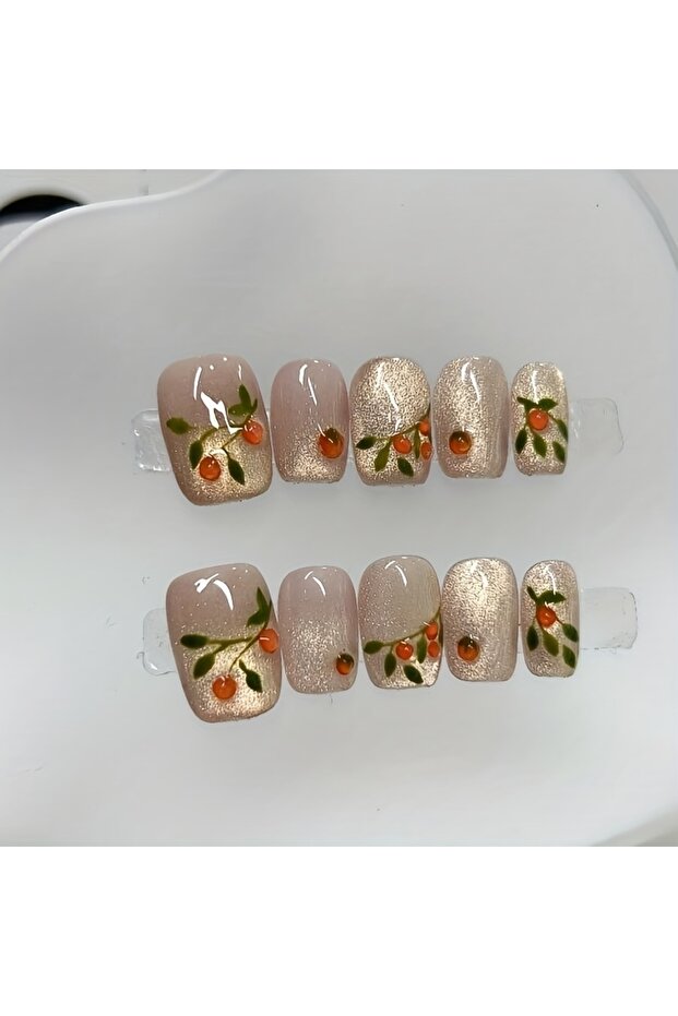 SSRY-M 10pcs Pure Hand Pressed Short Square Nail Art, Beautiful Fake Nails, Orange Glitter Persimmon