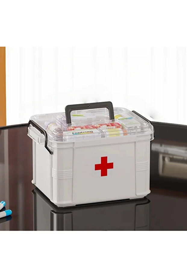 White Clear Medicine Organizer Storage Box with Tray, Thickened Medicine Container Chest, Multipurpo