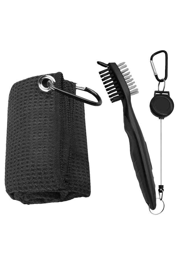 Black Set of 2 Golf Club Brush and Towel Cleaner Complete Kit with Dual Sided Groove Cleaning Brush