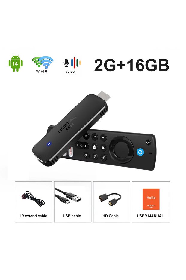 Q8 2GB16G Voice Mortal Android 14 TV Stick Full HD 4K 1080P WiFi 6 Google Voice NETFLIX Youtube Q8 B