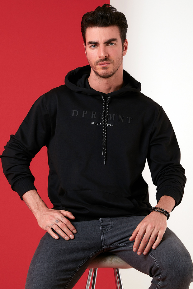 Slim Fit Printed Hooded Kangaroo Pocket Cotton Sweat Men's Sweat 5414017