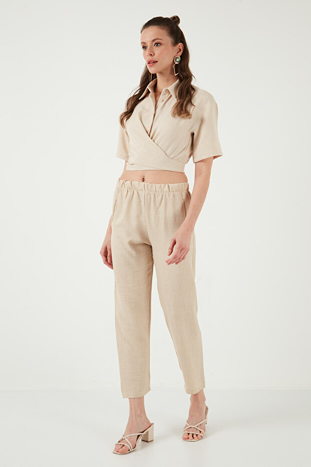 Elastic Waist Linen Look Trousers Pants 5865797