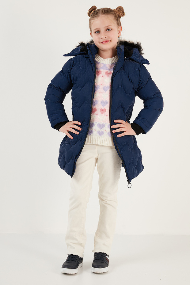 Plush Lined Hooded Winter Coat with Removable Collar Girls' Coat 5761905
