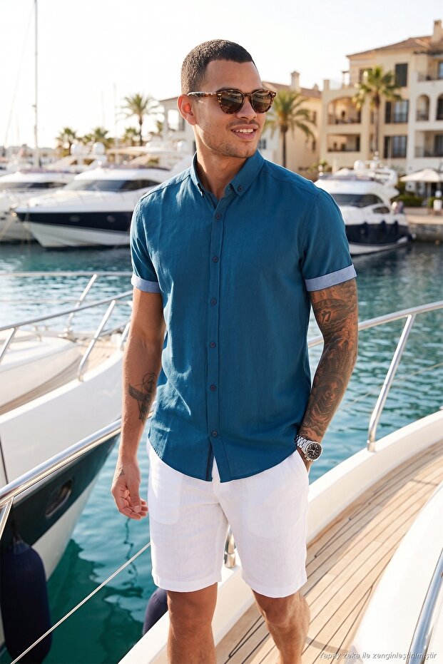 Cotton Slim Fit Button Collar Short Sleeve Shirt Men Shirt Cf21S 112546