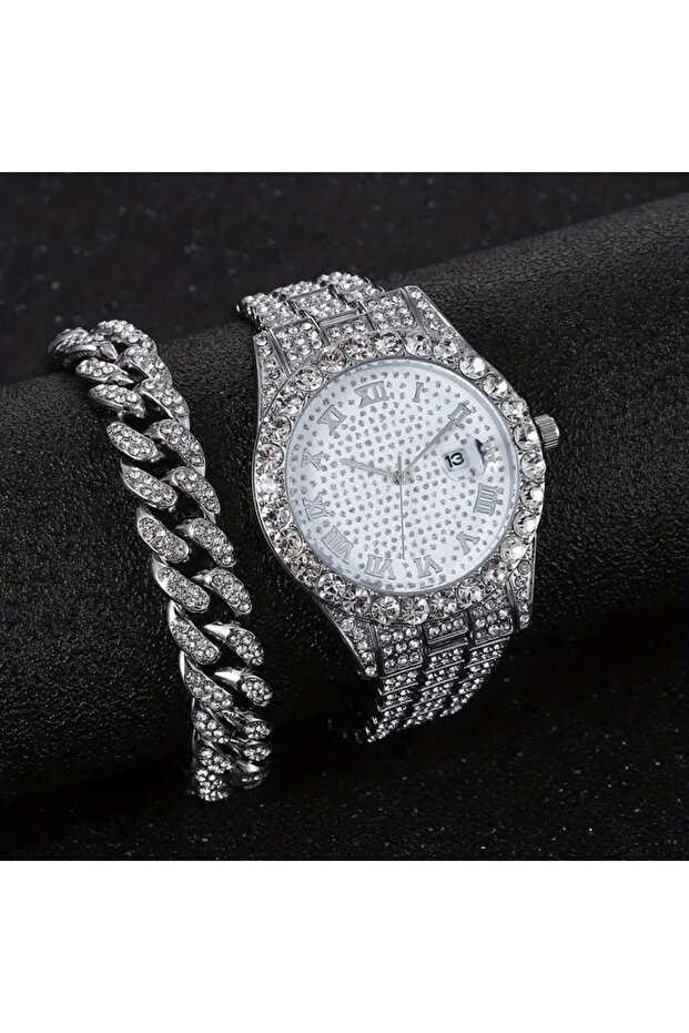 Silver set 2 pieces/set of luxury men's hip-hop watches, adorned with sparkling artificial diamonds