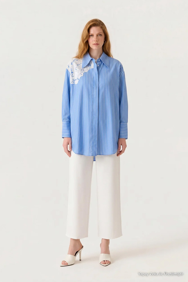 Striped lace detail classic collar blue tunic 1625