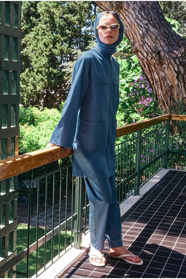 Aller Detailed Hijab Swimsuit Denim Blue