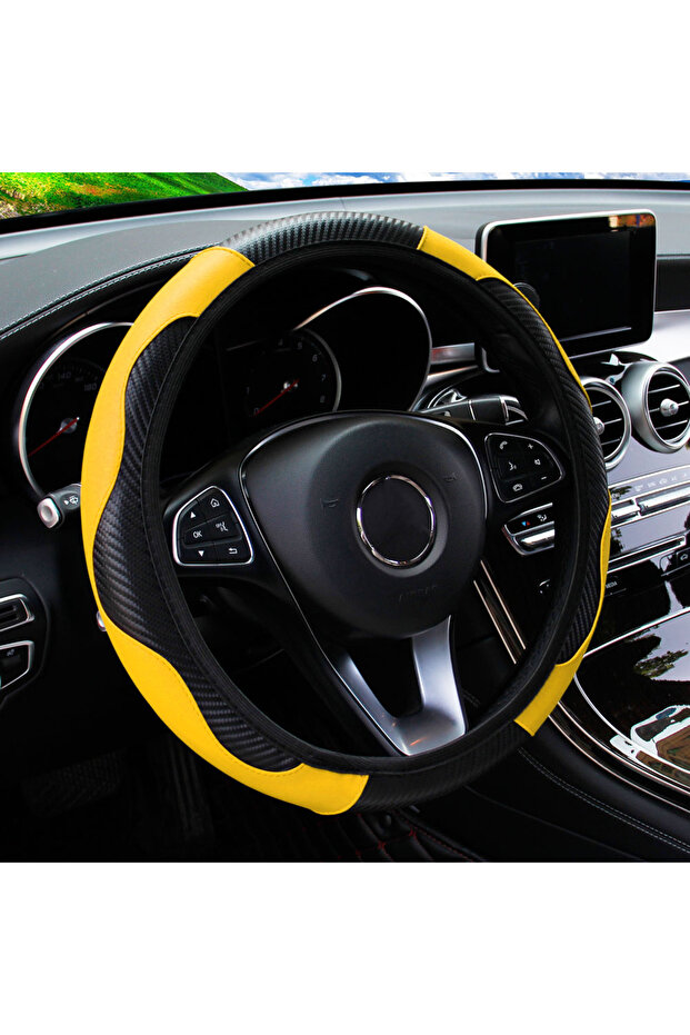 Yellow PU Carbon Fiber Leather Car Steering Wheel Cover without Inner Ring Suitable for 14.5-15 Inch