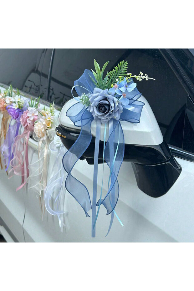 Blue 1PC Squealing Rose Flower Decoration for Rearview Mirror, Wedding Car, Wedding Scene Decoration