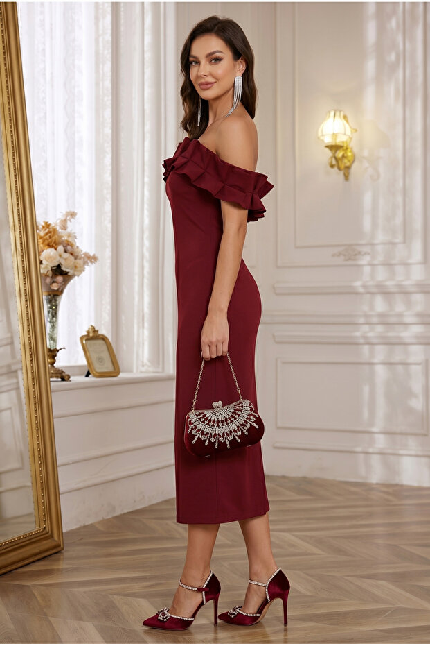 Off Shoulder Flounce Long Graduation Evening Dress