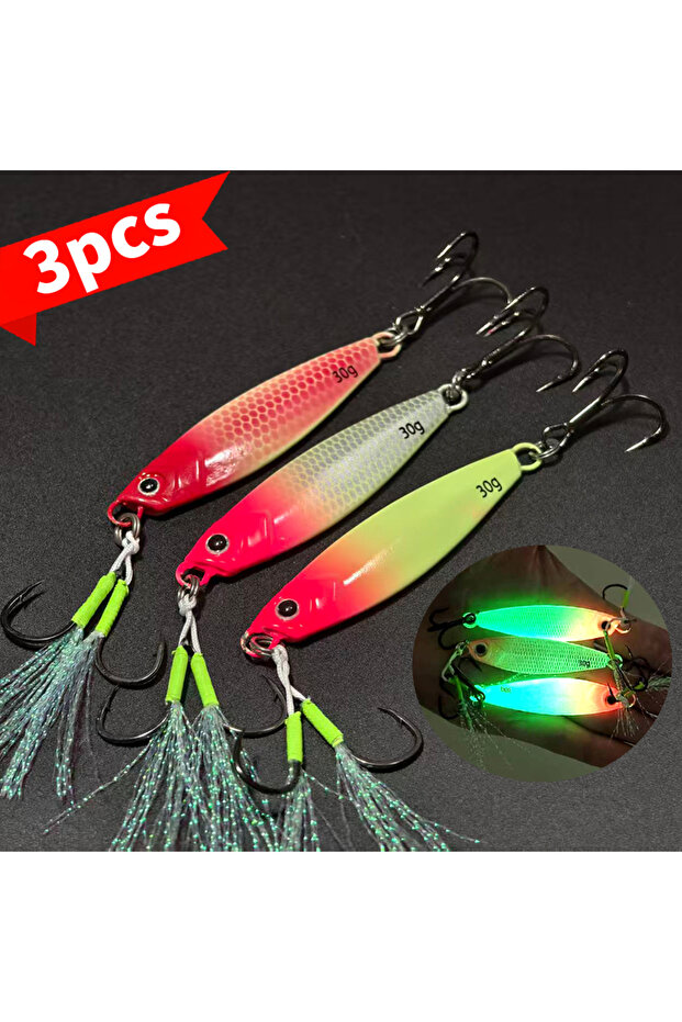3pcs-Throw 3PCS 30g Luminous Far Throw Iron Plate Lures Double Hook JIG Sea Fishing Spanish Macker