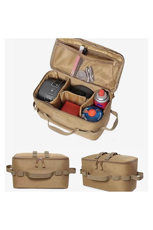 Khaki Large Capacity Outdoor Camping Storage Bag - Ground Nail Tool Bag with Picnic Cookware Utensil