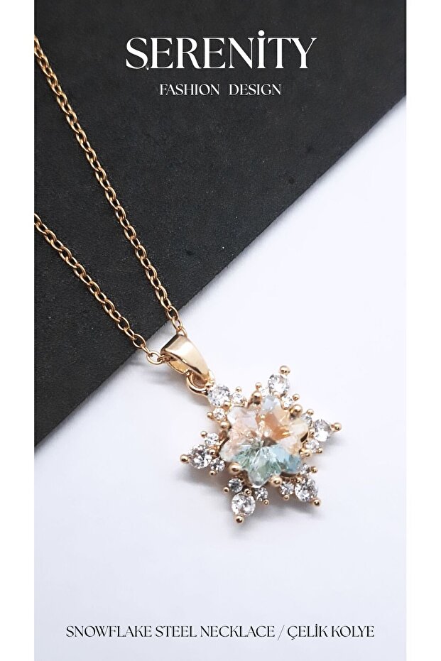 Snowflake Steel Necklace with White Zircon Stones Around It