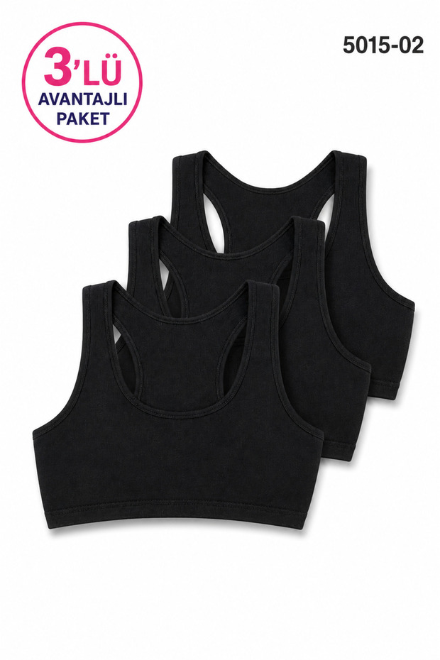 Girl's Padded Half Tank Top Bra Set of 3 - Cotton Lycra - Black 5015
