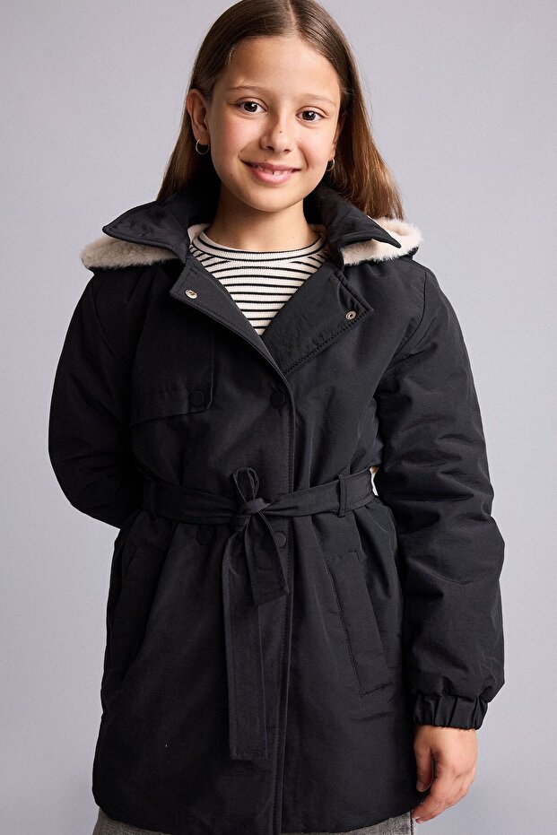 Warm Hooded Faux Fur Lined Snap Closure Lightweight Long Raincoat Girls C5230A826Au