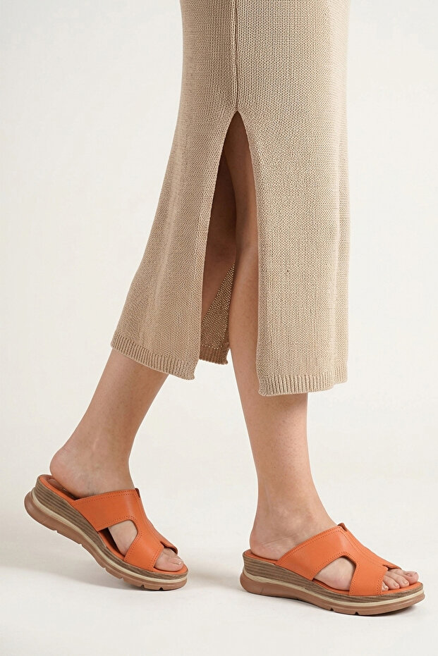 , Women's Genuine Leather Wedge Slippers 1611020Z2565 Orange