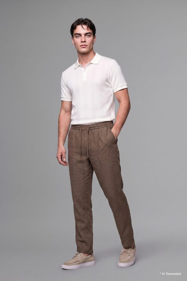 Breathable Straight Fit Flat Cut Elastic Lace-Up Waist Khaki Trousers G8194Ax26Sm