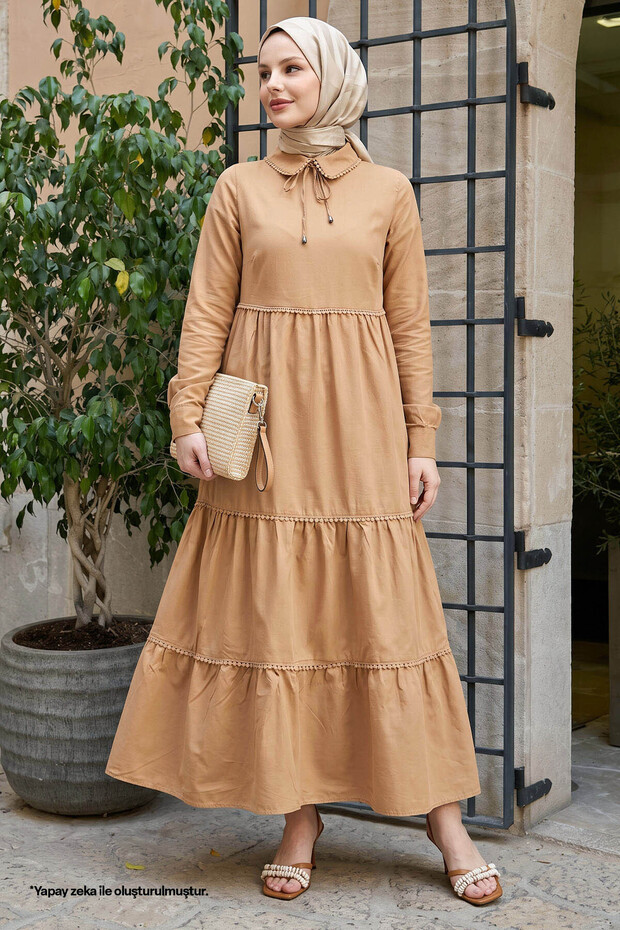 Lesina Baby Collar Tied Casual Hijab Dress - Beige