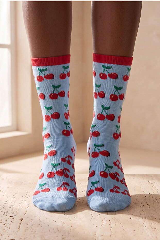 Women's Cherry Patterned Socks Blue