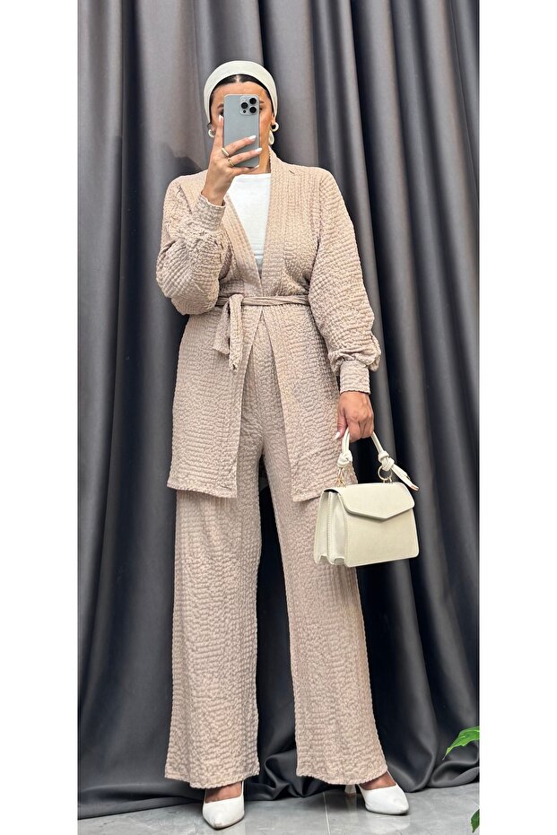 Seersucker Textured Belted Cardigan and Pants Double Set