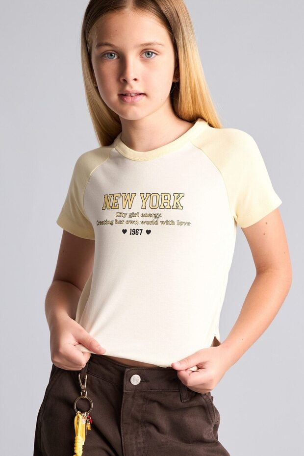 Regular Fit Crew Neck Raglan Sleeve Printed Girls' T-Shirt I6161A826Sm