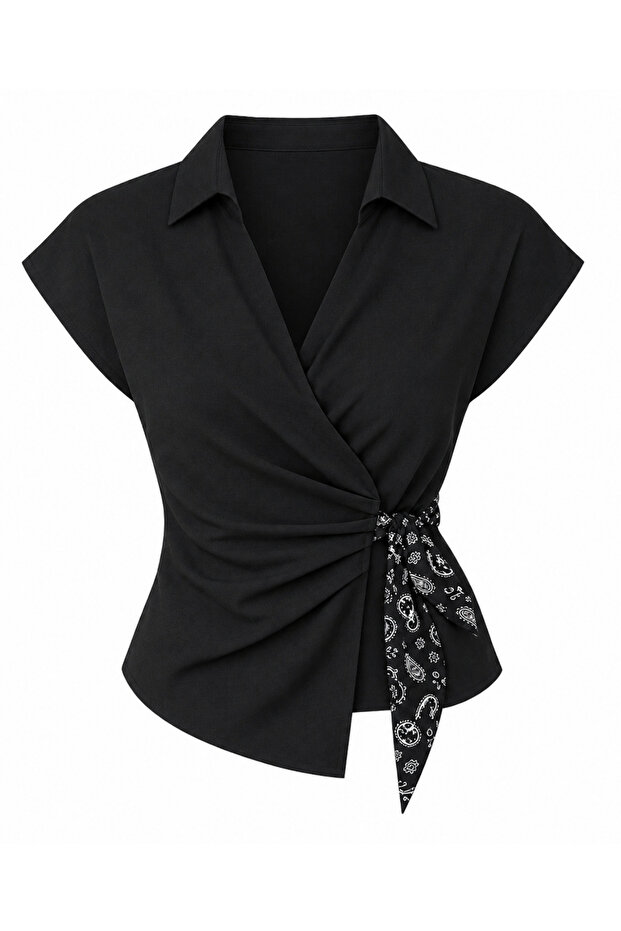 Women's Black Double-Breasted Collar Asymmetrical Shirt with Shawl Belt Detail