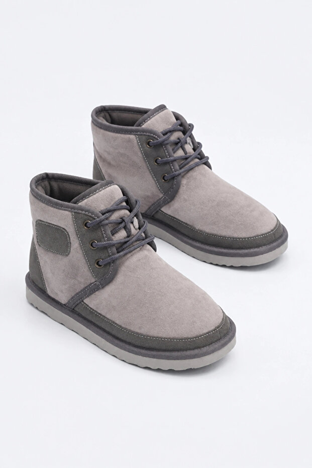 Lace-Up Suede Furry Women's Boots - Gray