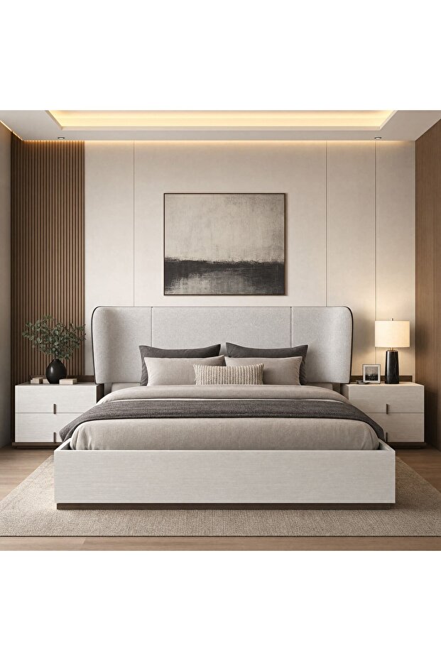 سرير من هاي بوينت بتصميم خشبي مع لوح مغطى بالقماش, 190 × 216 سم ,باللون الأبيض