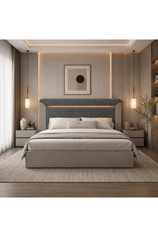 سرير من هاي بوينت بتصميم خشبي مع ظهر بتنجيد ناعم وأنيق, 200 × 208.5 سم ,باللون الرمادي الفاتح