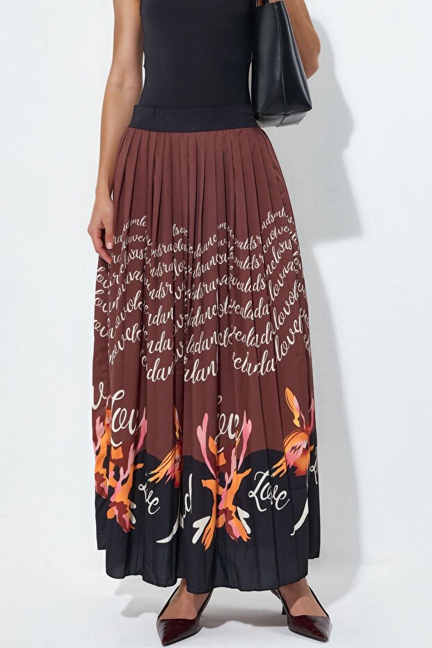 Msn High Waist Patterned Pleated Midi Skirt