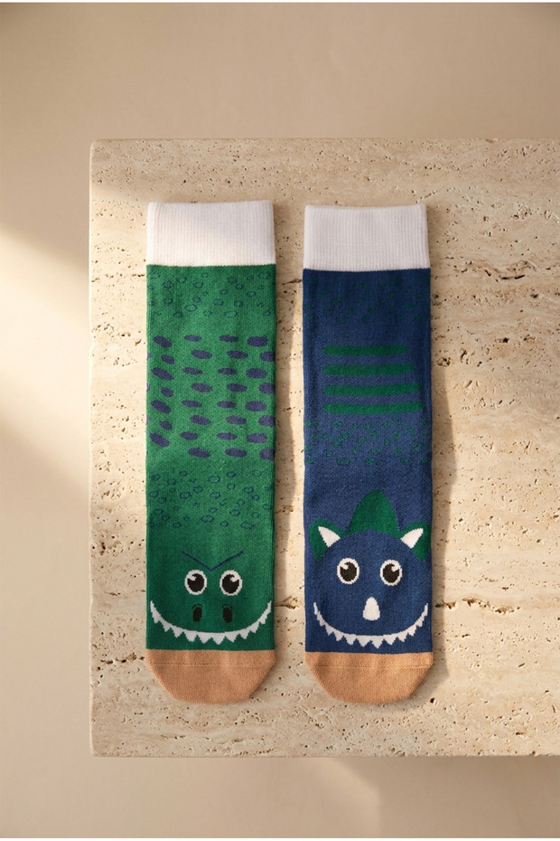 Dinosaur Patterned Children's Socks - Cute, Navy Green