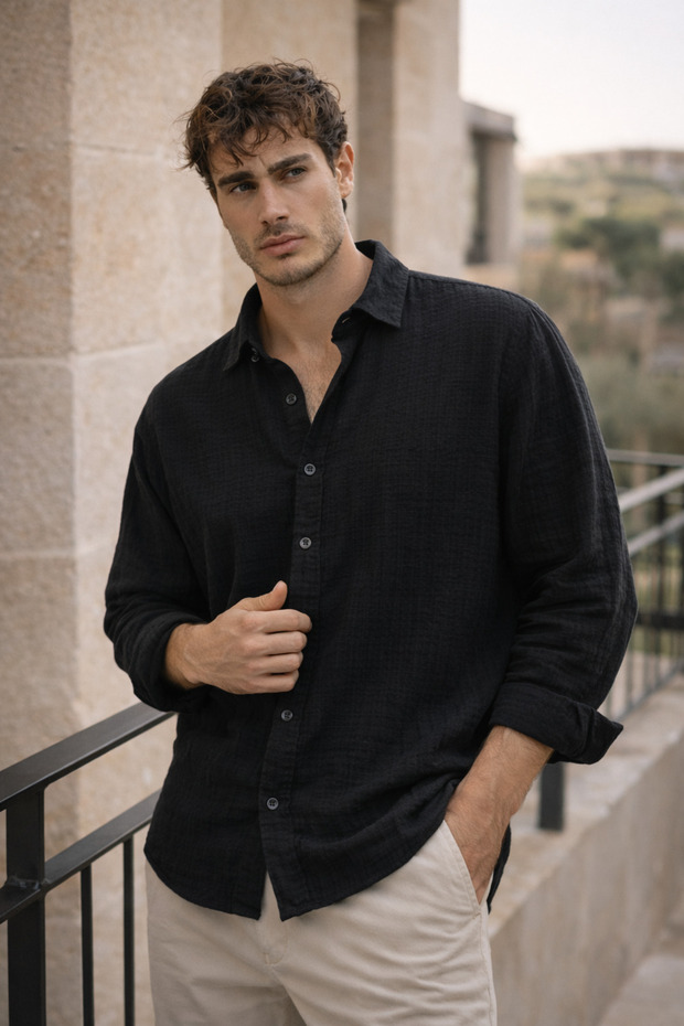 Breathable Half Oversize Muslin Fabric Men's Shirt with Long Sleeve Collar - Black