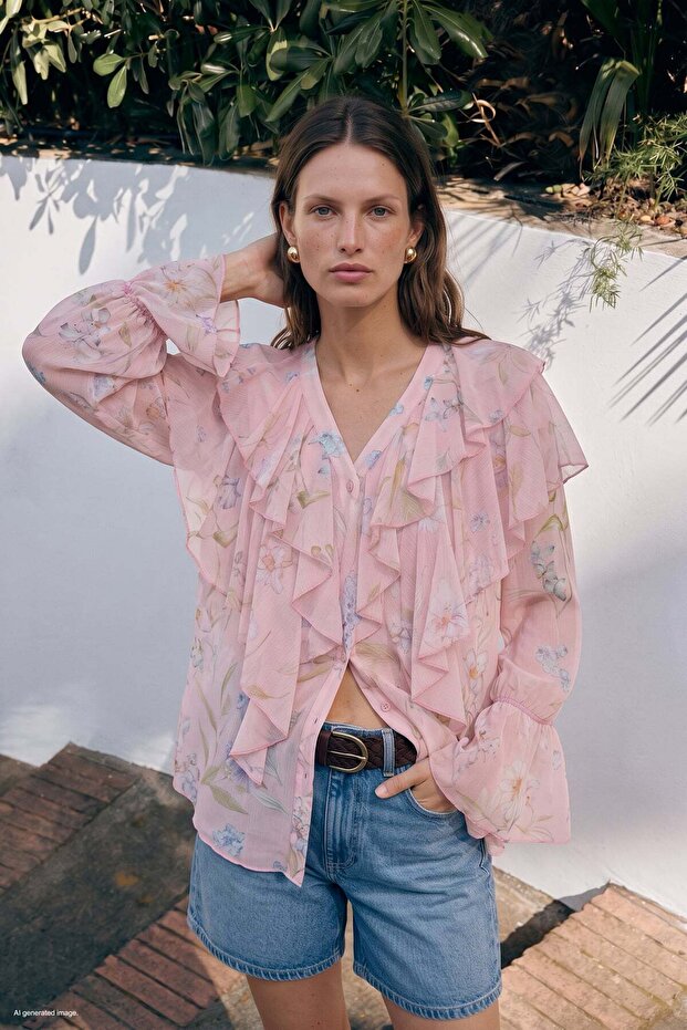 Ruffle Detailed Patterned Shirt - Pink